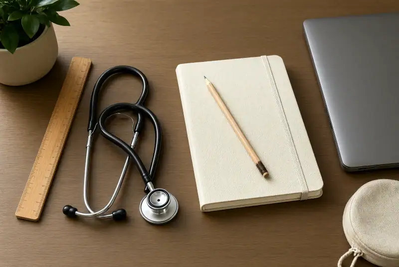 Boş bir defter, kalem, stetoskop, cetvel ve kapalı dizüstü bilgisayarın meslek seçeneklerini değerlendirmek üzere düzenlendiği aydınlık bir masa