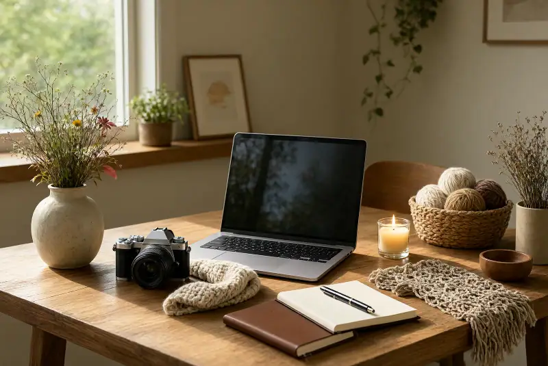 Ek gelir seçeneklerini temsil eden laptop, fotoğraf makinesi, el yapımı ürünler ve boş not defteri bulunan aydınlık bir çalışma masası