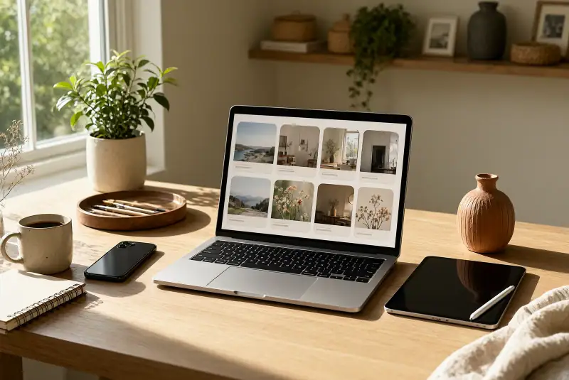 Evden yapılabilecek farklı işler için laptop, akıllı telefon, tablet ve el yapımı ürünün bulunduğu aydınlık çalışma masası